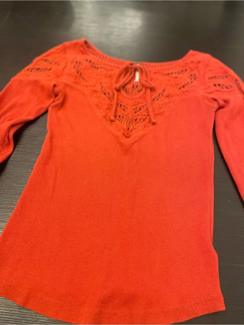 Free People Burnt Orange Long Sleeve Lace-Detail Ribbed Cotton Knit Keyhole Top